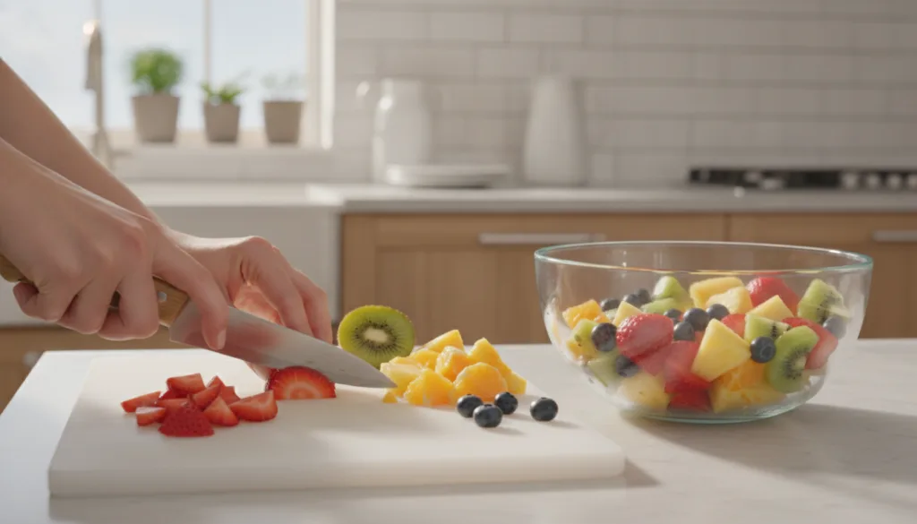A person preparing a fresh fruit salad with various colorful fruits including strawberries kiwi and oranges in a bright 