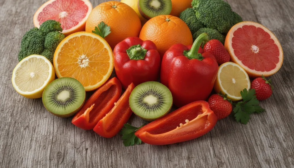 A variety of colorful fruits and vegetables known for high Vitamin C content such as bell peppers kiwis oranges and broc