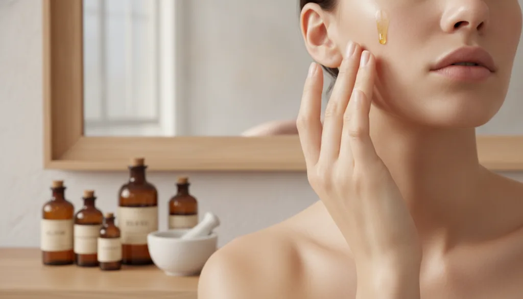A person s hand applying the homemade golden Botox Oil to their face gently massaging it into the skin The skin looks gl
