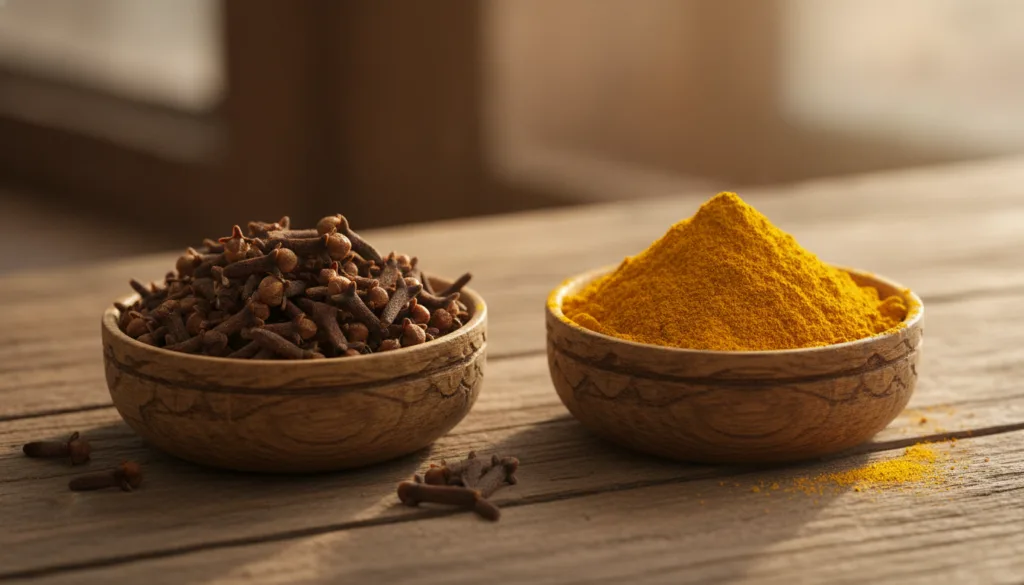 Close-up of whole cloves and vibrant yellow turmeric powder in small bowls highlighting their natural beauty benefits