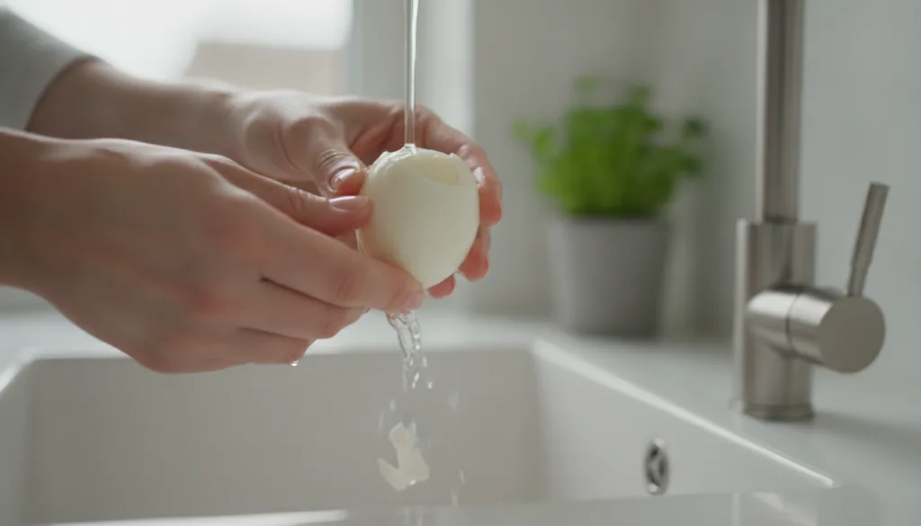Hands gently peeling a boiled egg under a running tap with the shell easily coming off