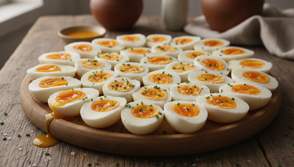 A variety of perfectly boiled eggs cut in half showing different yolk consistencies from runny to firm arranged artfully
