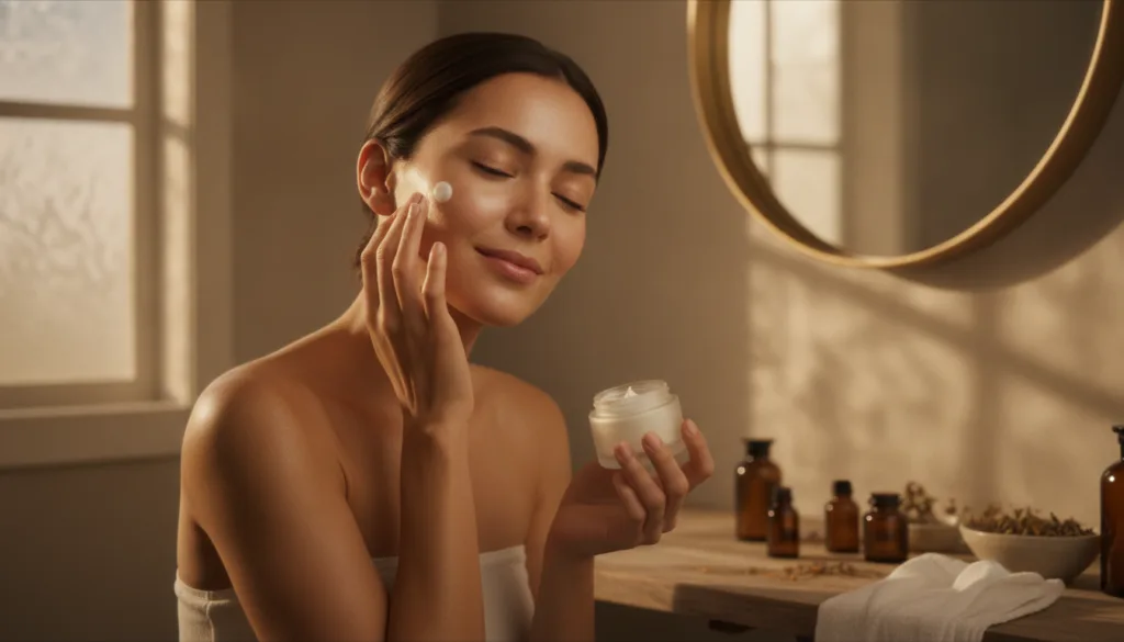 A woman gently applying a small amount of homemade balm to her clean face before bedtime