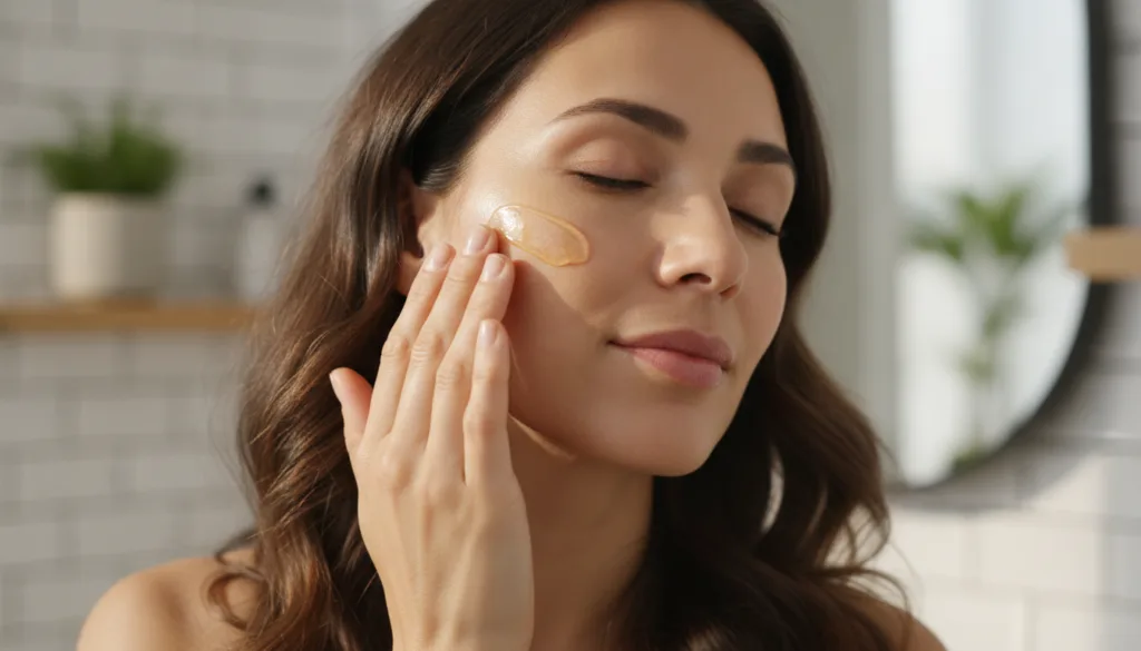 A woman gently applying a yellow-tinted gel to her face showcasing glowing healthy skin in a soft natural light setting