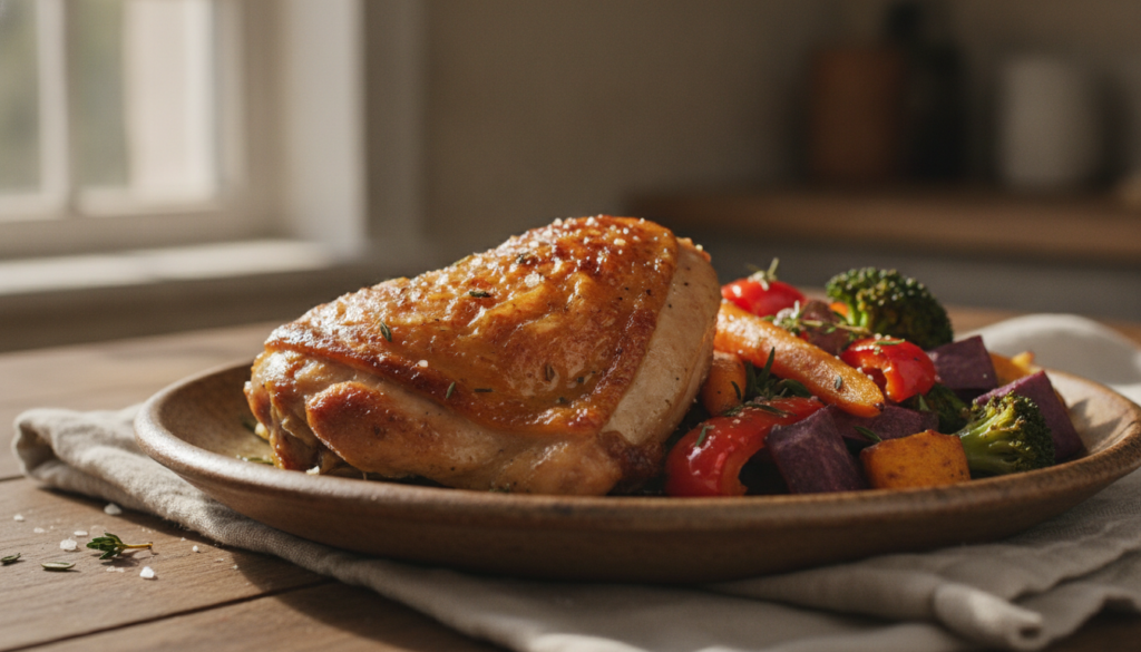 A perfectly roasted chicken thigh golden brown and juicy on a rustic plate with a side of roasted vegetables