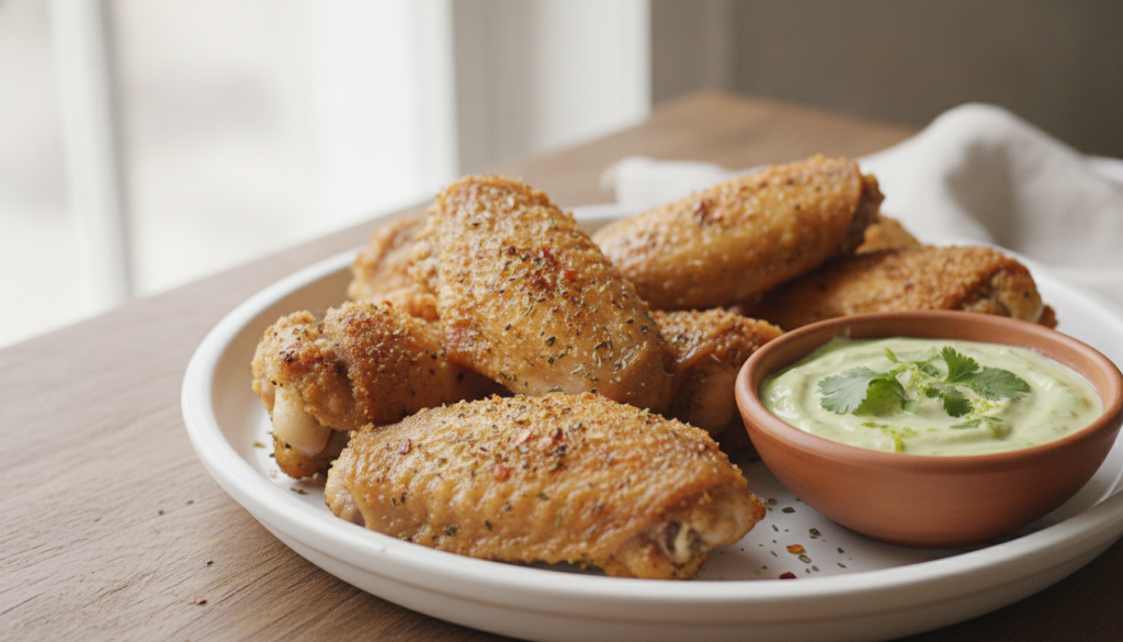 A plate of baked or air-fried chicken wings skinless for a healthier option looking crispy and delicious perhaps with a