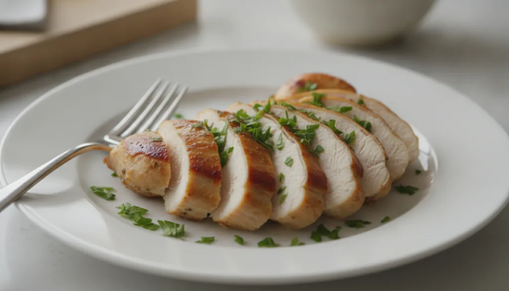 A perfectly cooked sliced chicken breast with a sprinkle of herbs on a plate highlighting its lean texture