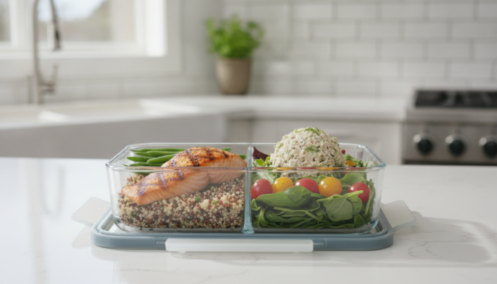A vibrant well-prepared meal prep container featuring a grilled salmon fillet with quinoa and steamed green beans on one