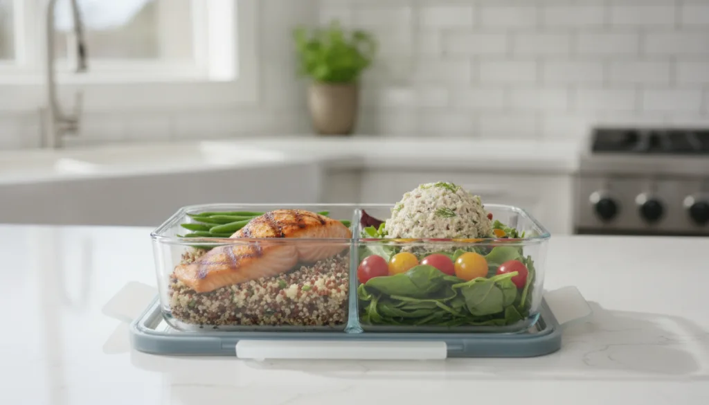 A vibrant well-prepared meal prep container featuring a grilled salmon fillet with quinoa and steamed green beans on one