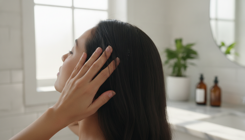 A woman gently massaging homemade oil into her scalp with her fingertips demonstrating the application of the hair oil