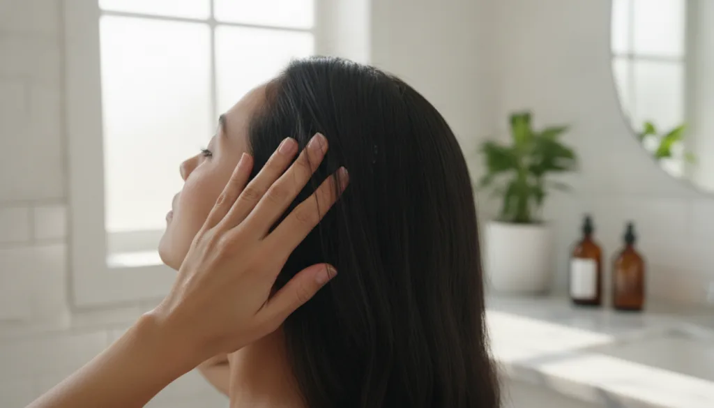 A woman gently massaging homemade oil into her scalp with her fingertips demonstrating the application of the hair oil