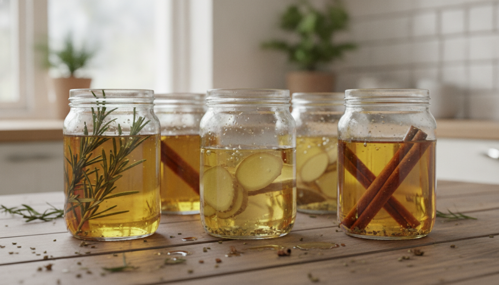 Glass jars with various oils infusing with herbs and spices showing the process of making infused oils