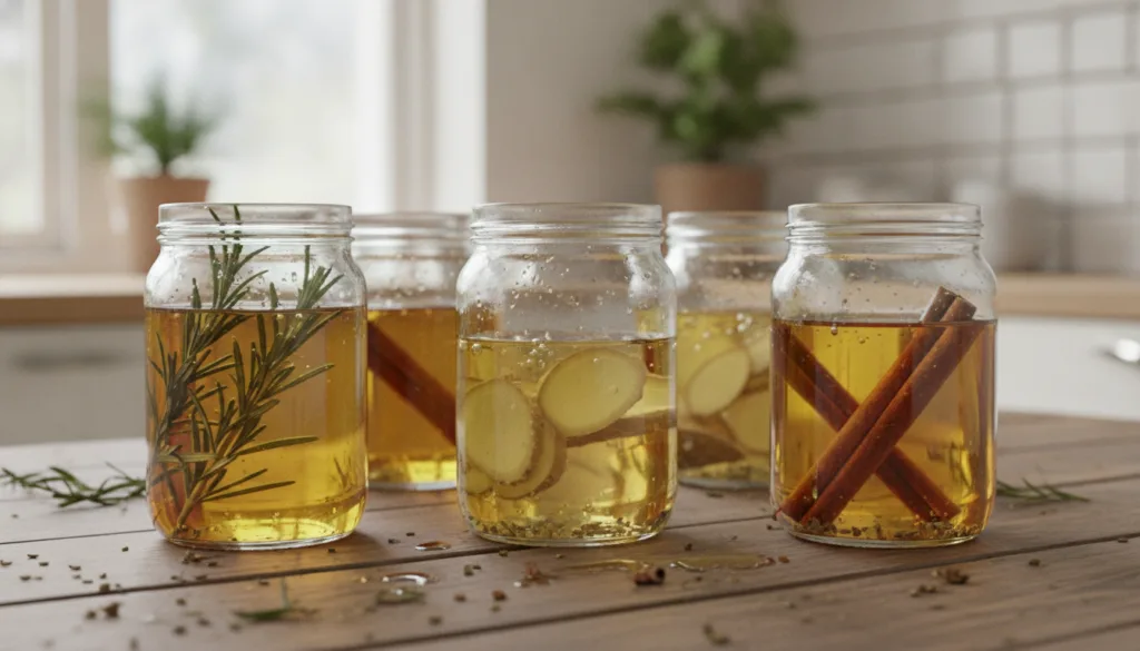 Glass jars with various oils infusing with herbs and spices showing the process of making infused oils