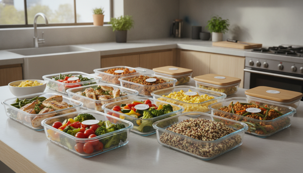 A variety of healthy high-protein meal prepped dishes laid out neatly in containers suitable for breakfast lunch and din