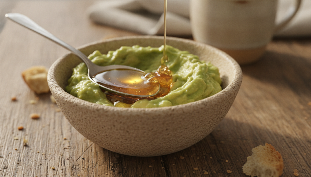 A close-up shot of a bowl containing mashed avocado and honey ready to be mixed for a face mask on a rustic wooden surfa