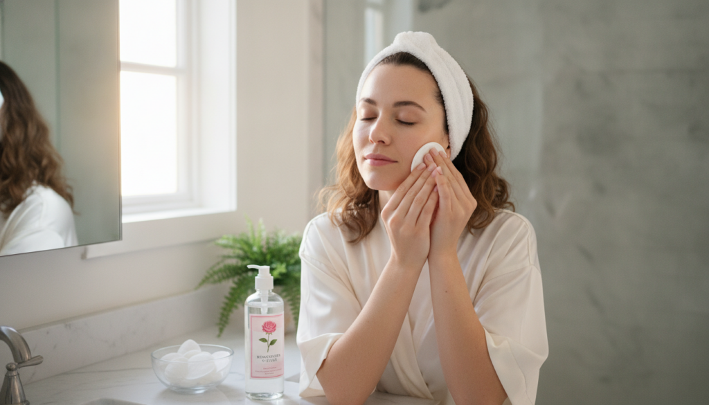 A woman gently applying rosewater toner to her face using a cotton pad in a well-lit bathroom with natural light filteri