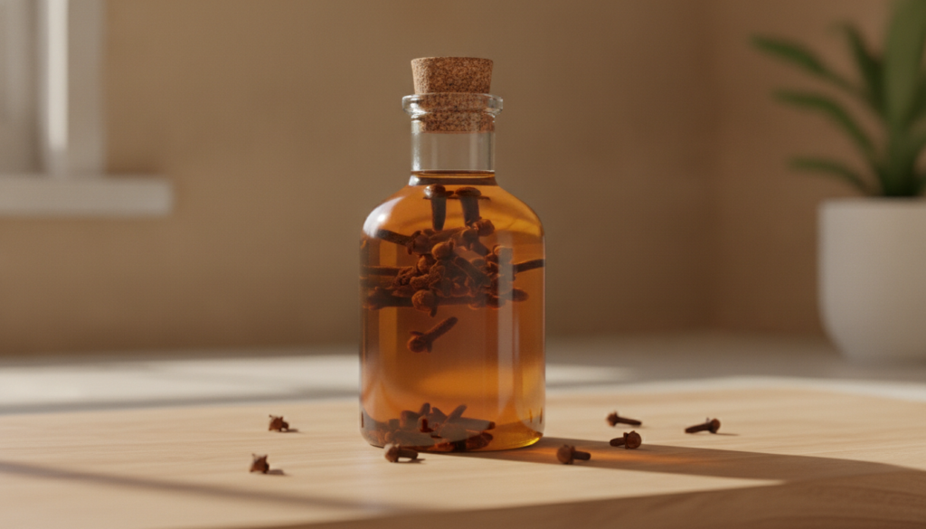 A clear glass bottle filled with golden infused oil and whole cloves resting on a wooden surface with soft diffused ligh