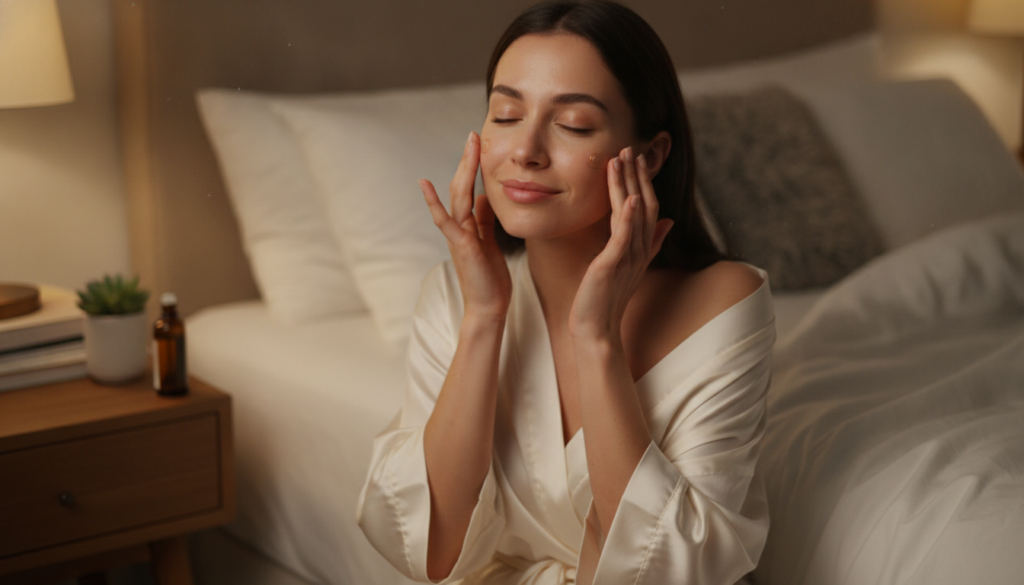 A woman gently massaging a few drops of night oil onto her clean face with her fingertips in a soft evening light settin