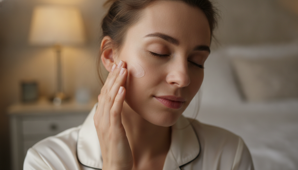 A woman gently applying a small amount of balm to her face before bed her skin looking soft and hydrated under warm soft