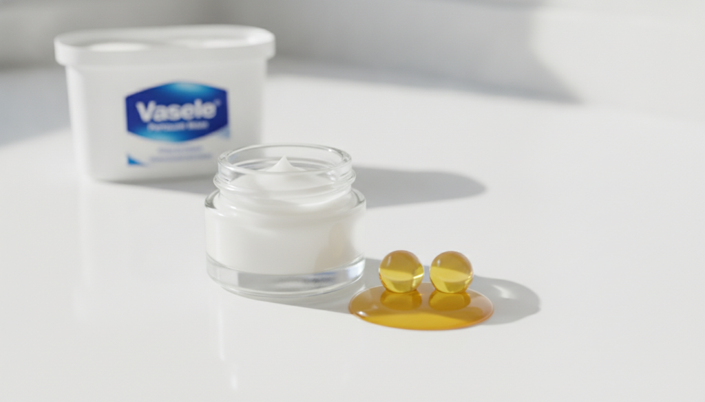 A small clean glass jar filled with a white glossy balm with an open Vitamin E capsule and a tub of Vaseline in the back