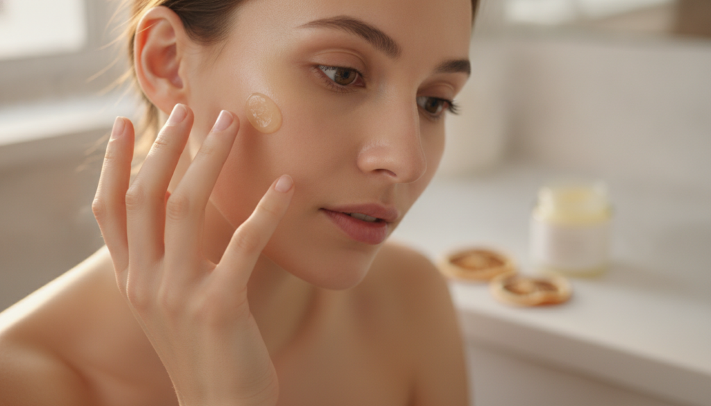 A woman gently applying a small amount of the homemade Vaseline and Vitamin C balm to her cheekbone with her fingertips 