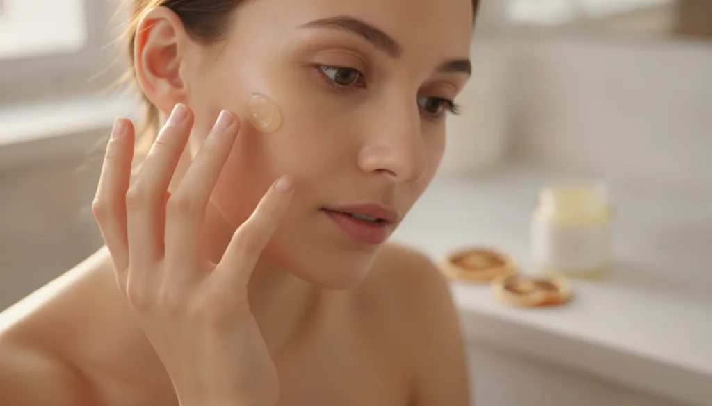 A woman gently applying a small amount of the homemade Vaseline and Vitamin C balm to her cheekbone with her fingertips