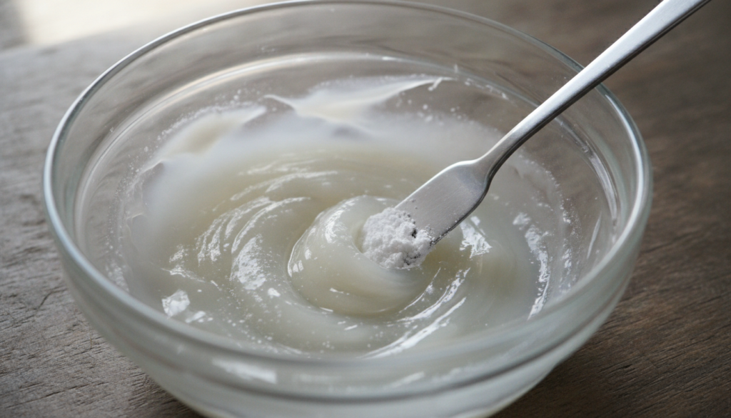 Close-up shot of a small bowl where crushed white powder Vitamin C is being mixed into a translucent petroleum jelly Vas
