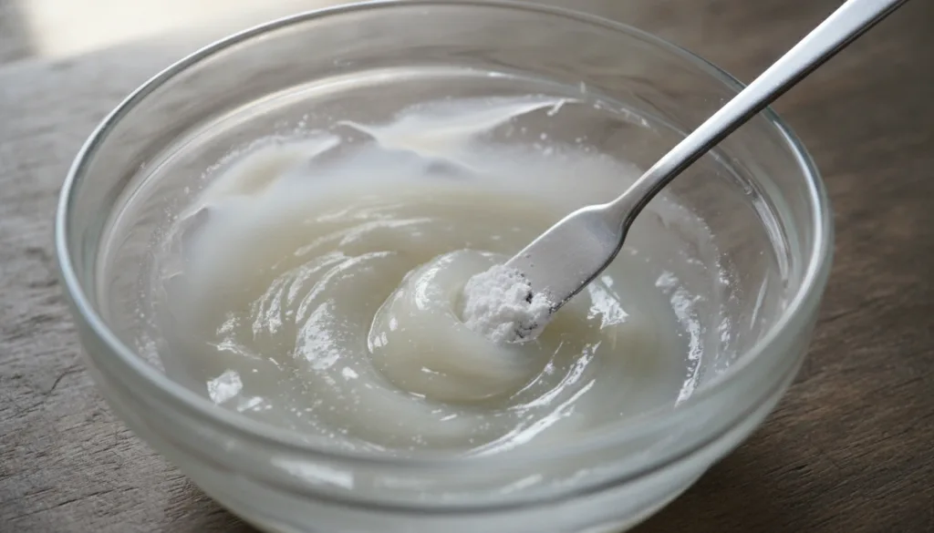 Close-up shot of a small bowl where crushed white powder Vitamin C is being mixed into a translucent petroleum jelly Vas