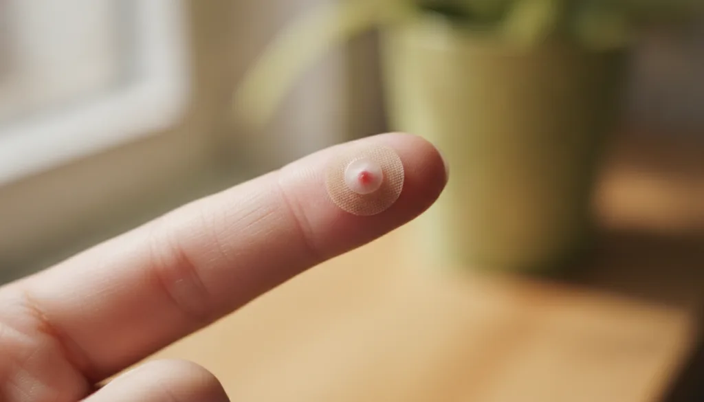A person s finger with a small bandage covering a wart illustrating the application step with a natural gentle touch