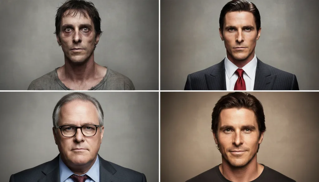 A collage showing Christian Bale s drastic physical transformations across various film roles for example gaunt in The M