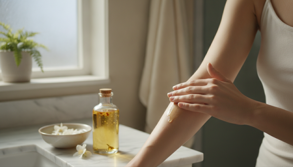 A woman gently massaging infused oil onto her arm with soft glowing skin visible in a serene bathroom setting