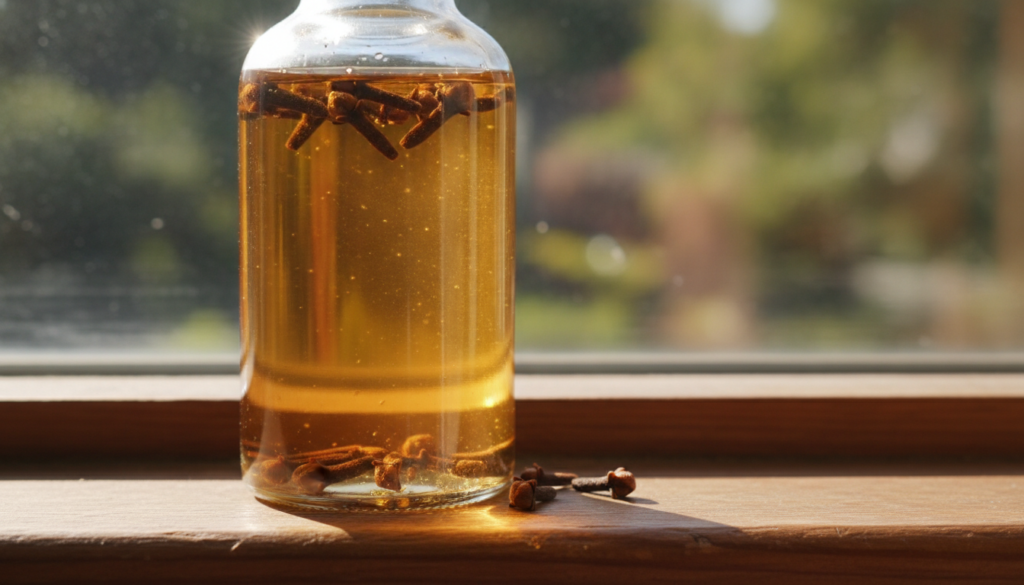 A close-up shot of a clear glass bottle with baby oil and cloves infusing placed on a sunlit windowsill or shelf