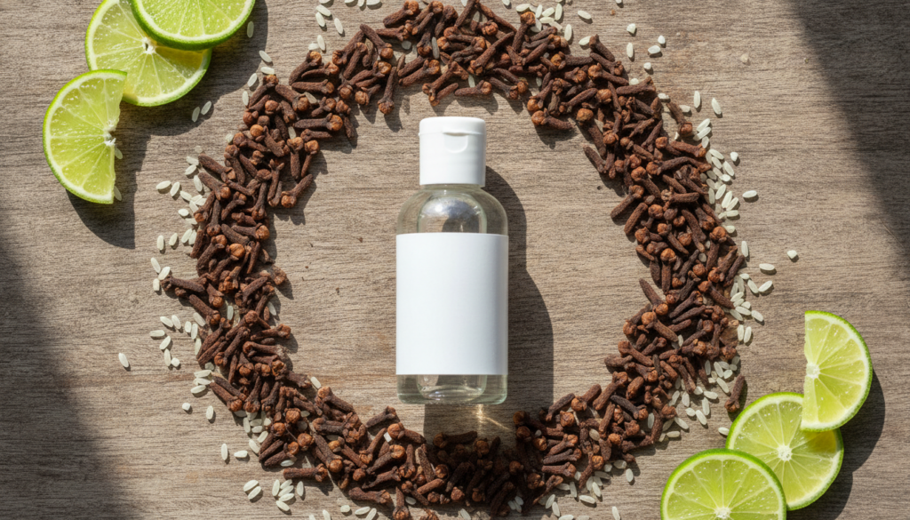 A flat lay of raw ingredients for infused oil a bottle of baby oil whole cloves white rice grains and fresh lime slices 