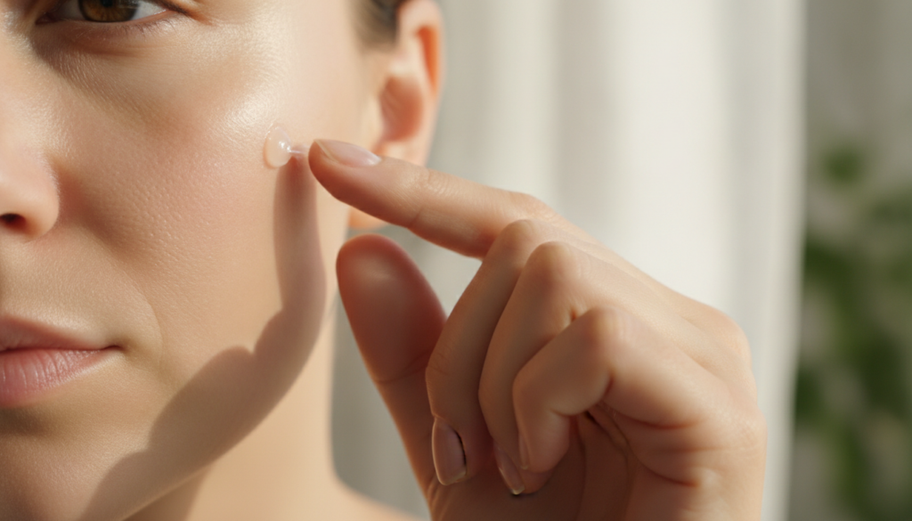 A close-up of a hand gently applying a small amount of Vaseline to the face focusing on the cheekbone or under-eye area