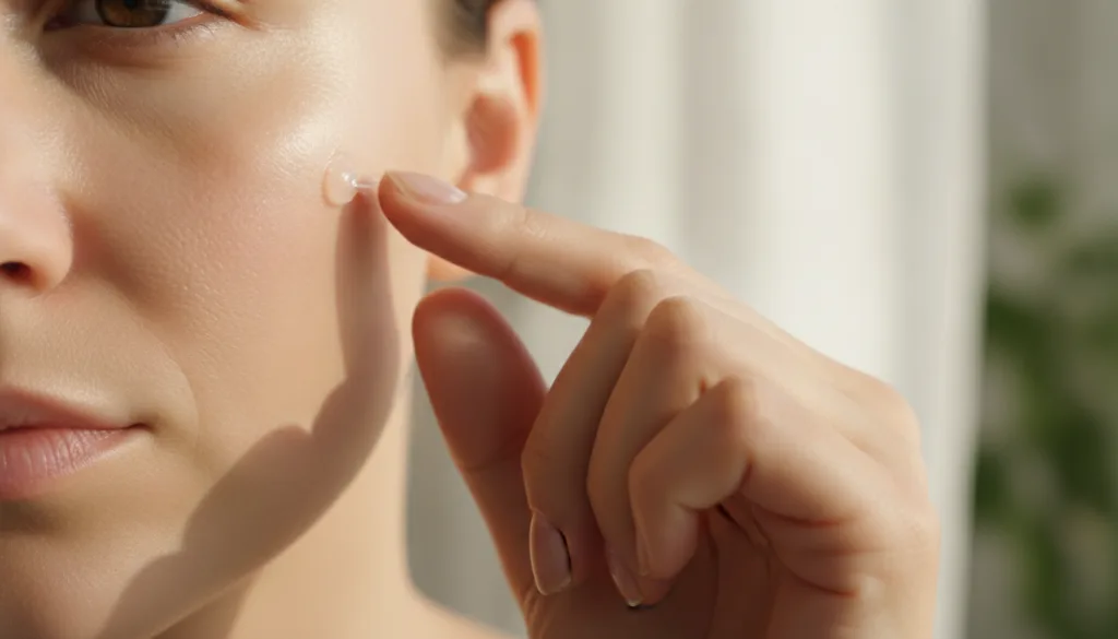 A close-up of a hand gently applying a small amount of Vaseline to the face focusing on the cheekbone or under-eye area 