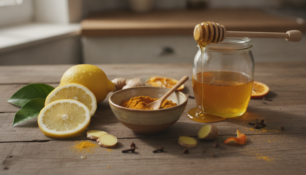 Various natural ingredients laid out for DIY beauty including fresh lemon slices turmeric powder in a small bowl and a j