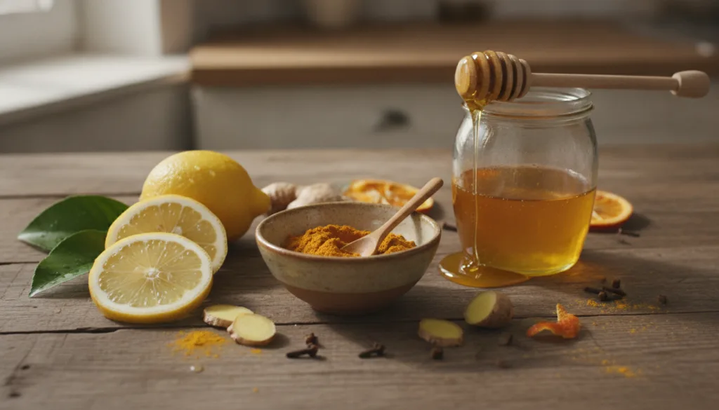 Various natural ingredients laid out for DIY beauty including fresh lemon slices turmeric powder in a small bowl and a j