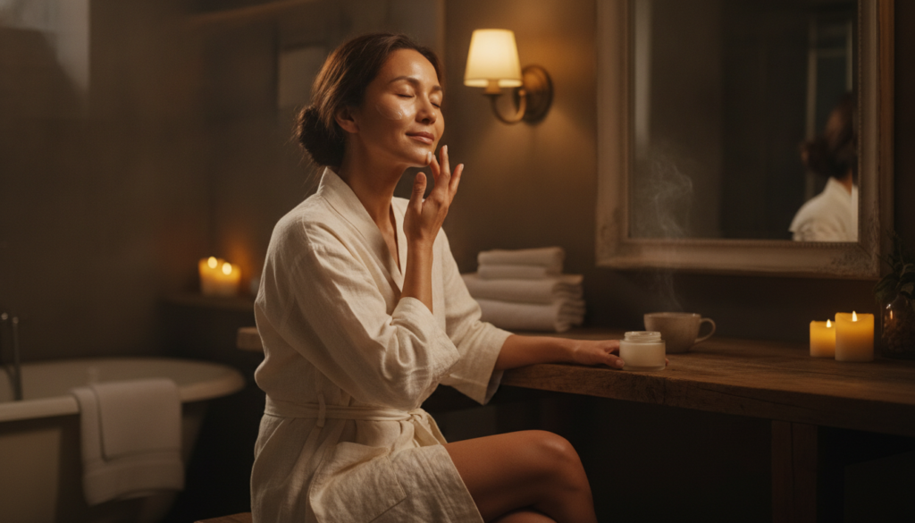 A woman gently massaging a natural-looking balm onto her face at night with a soft warm glow on her skin