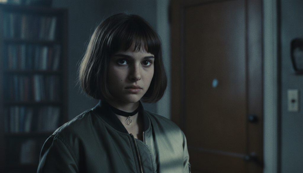 A real film still of young Natalie Portman from the movie Léon The Professional showing her iconic look with a short bob