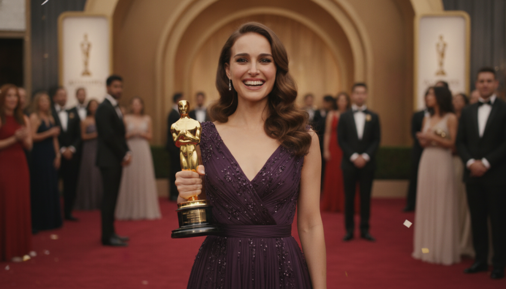 A real photo of Natalie Portman holding her Best Actress Oscar for Black Swan smiling on the red carpet