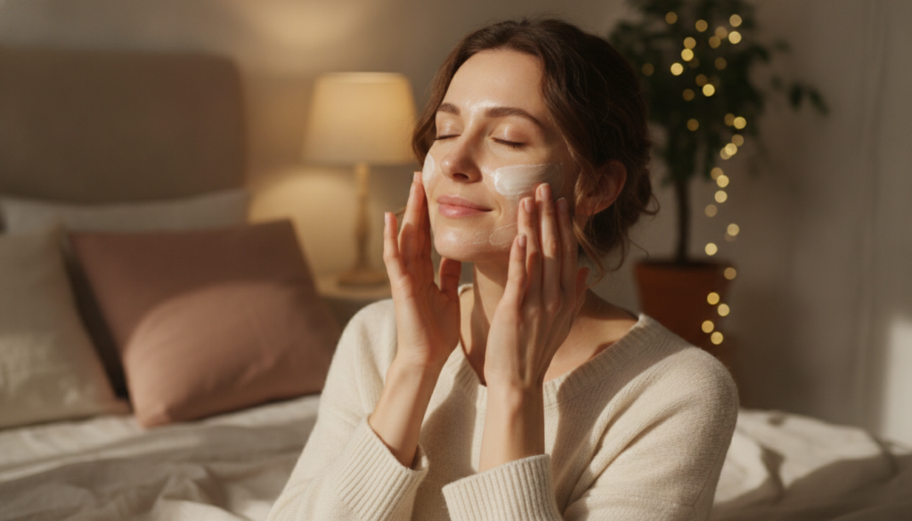 A woman gently massaging the Nivea and almond oil mixture onto her clean face before bed