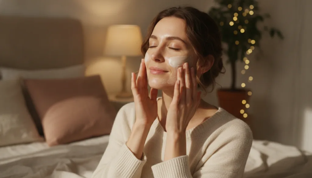 A woman gently massaging the Nivea and almond oil mixture onto her clean face before bed