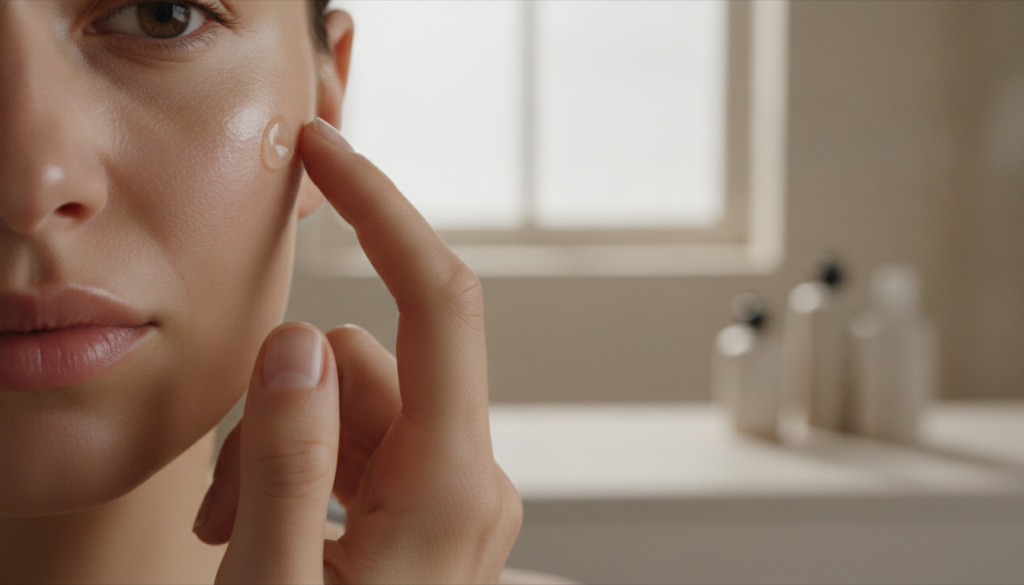 A woman gently dabbing a tiny amount of the clear dewy balm onto her cheekbone with her fingertip Her skin looks hydrate