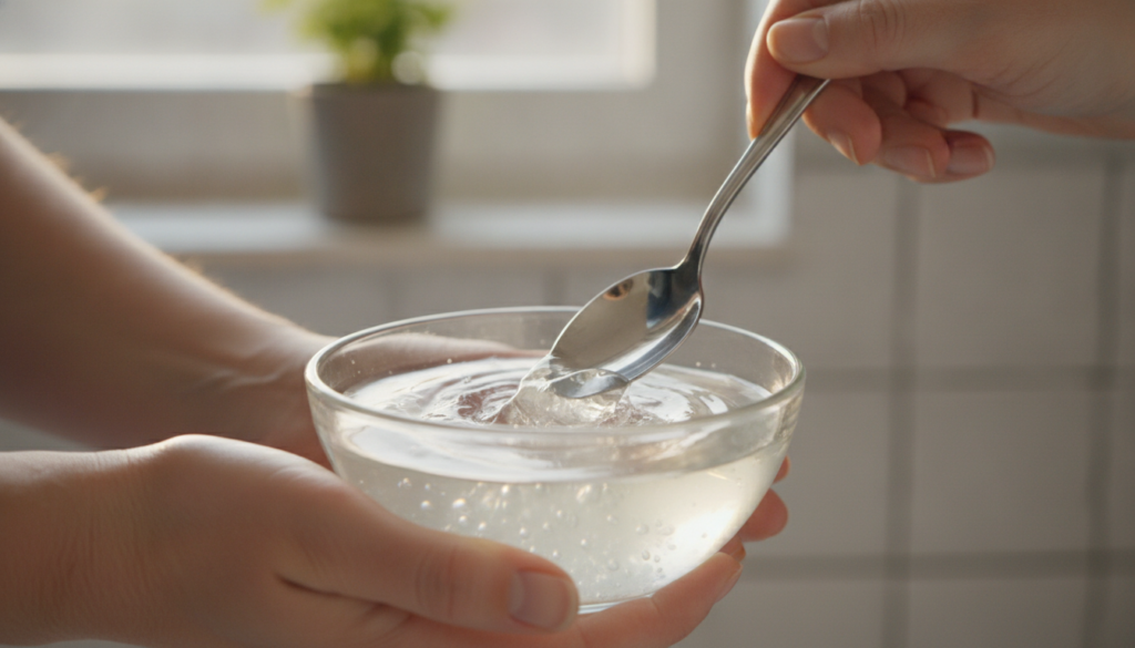 Close-up of hands gently stirring melted petroleum jelly and baby oil in a small glass bowl with a spoon The mixture is 