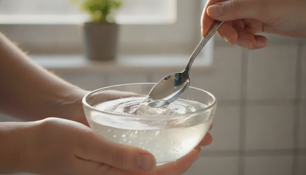 Close-up of hands gently stirring melted petroleum jelly and baby oil in a small glass bowl with a spoon The mixture is 