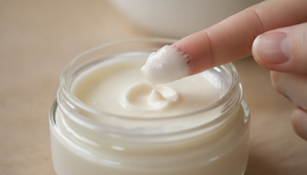A small clear glass jar containing the mixed Vaseline and baking soda blend with a finger gently scooping some out The t