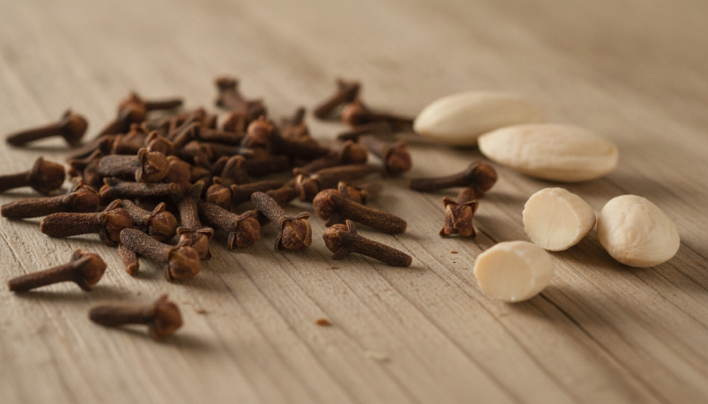 Close-up of dried whole cloves and raw almonds scattered on a textured surface