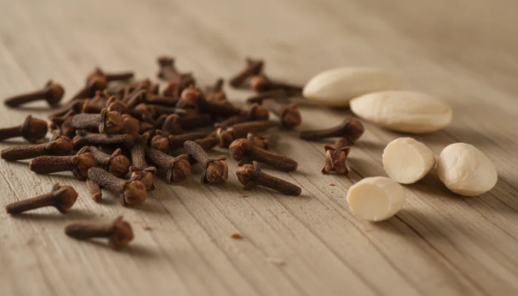 Close-up of dried whole cloves and raw almonds scattered on a textured surface