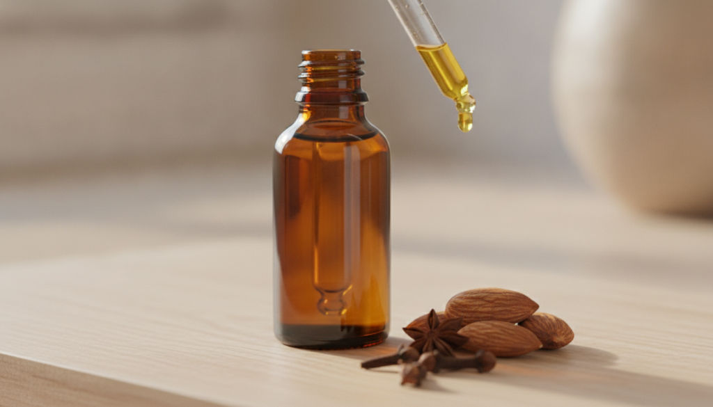A dark glass dropper bottle filled with golden oil with a few almonds and cloves scattered nearby symbolizing the finish