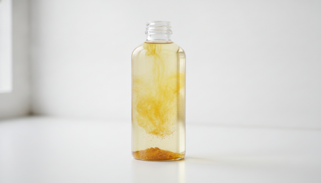 A clear glass bottle containing Johnson s baby oil with vibrant yellow turmeric powder infused placed on a clean backgro